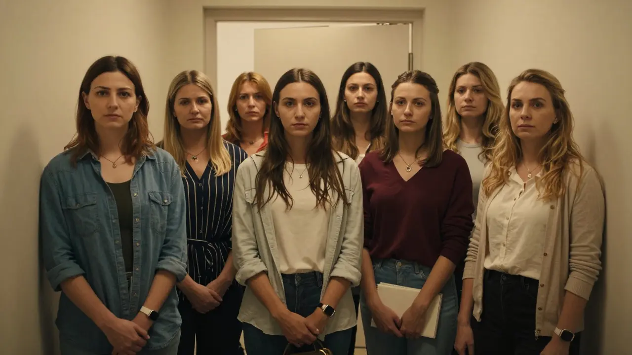 Skupina žen z východní Evropy v klidné chodbě před gynekologickou ordinací