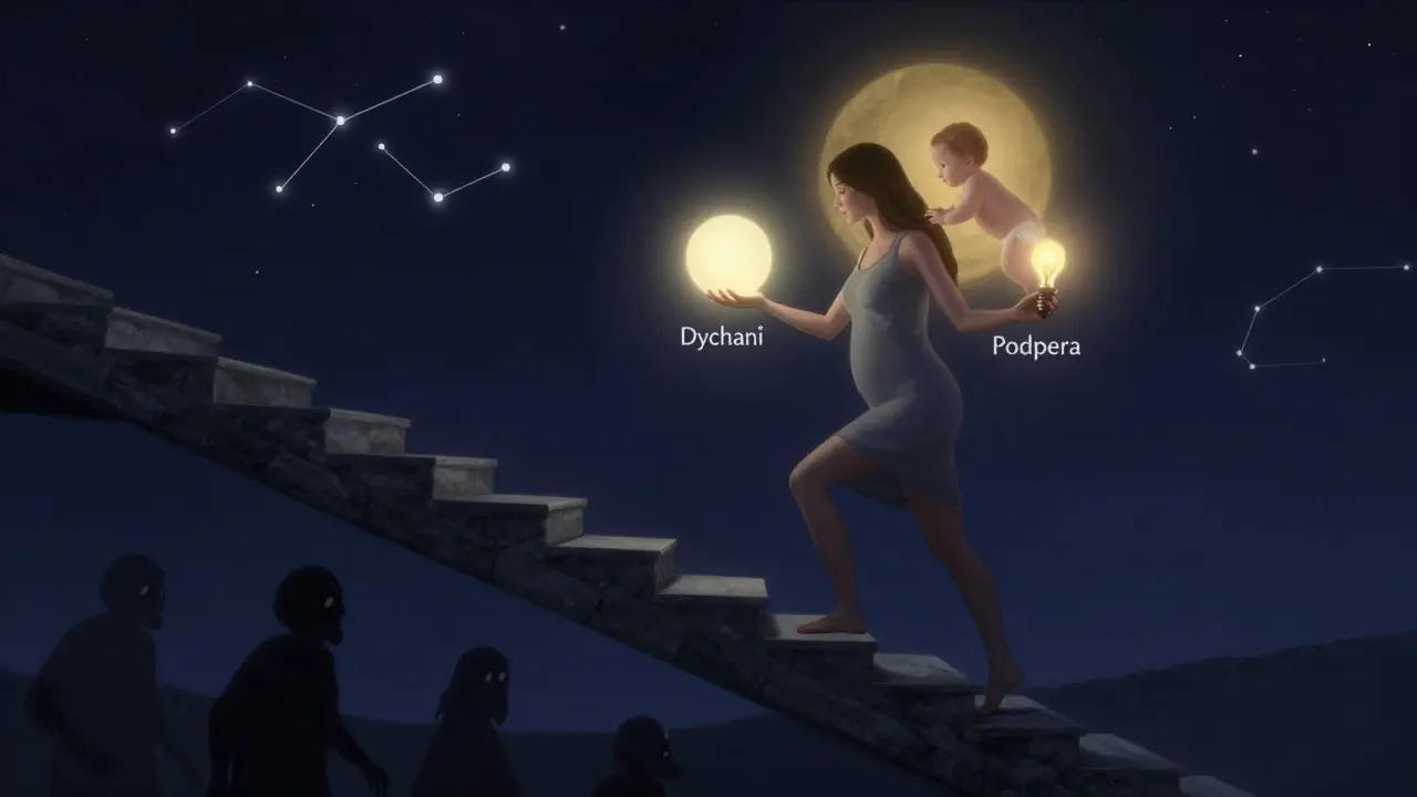 Symbolická scéna ženy vystupující po schodech porodu k zářícímu dítěti.