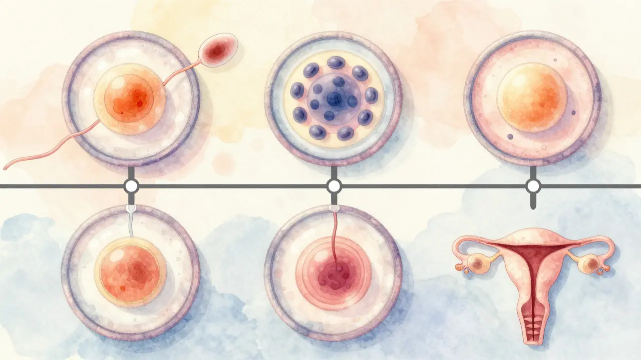 Timeline of fertilization: sperm meeting egg, zygote division, and travel to uterus in soft watercolor.