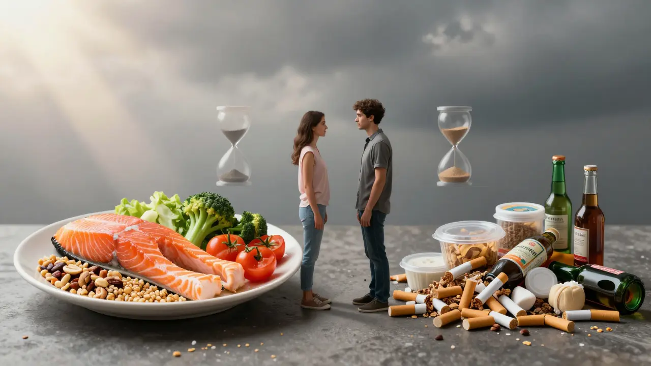 Váha s zdravou stravou na jedné straně a škodlivými návyky na druhé, mezi nimi pár.