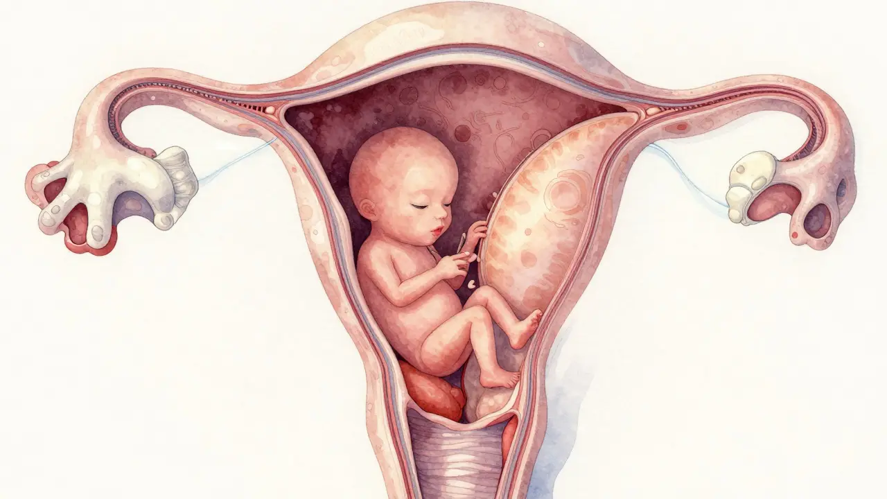 Vnitřní pohled na dělohu s plodem v 16. týdnu těhotenství, s plodovou vodou a placentou.