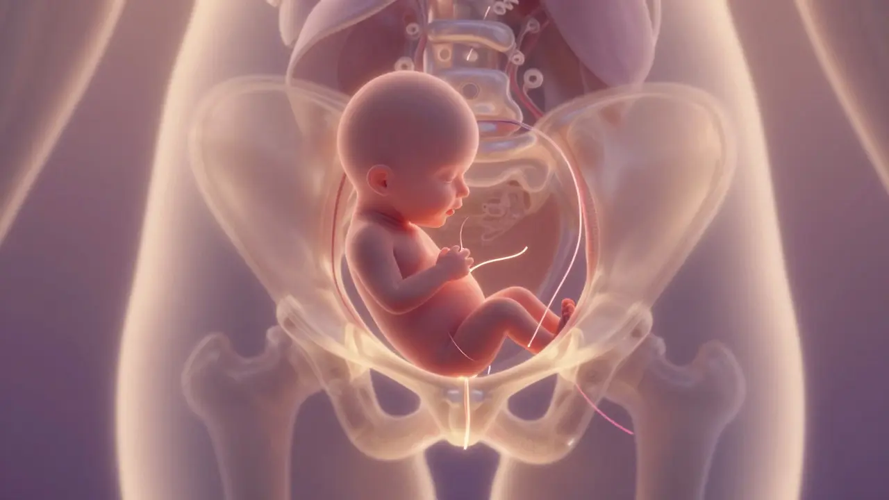 Vnitřní pohled na sestup hlavičky plodu přes pánviční vstup s hormonálními změnami.