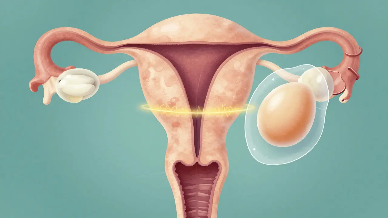Vnitřní pohled na vaječník a dělohu s hormonální bariérou bránící oplodnění.