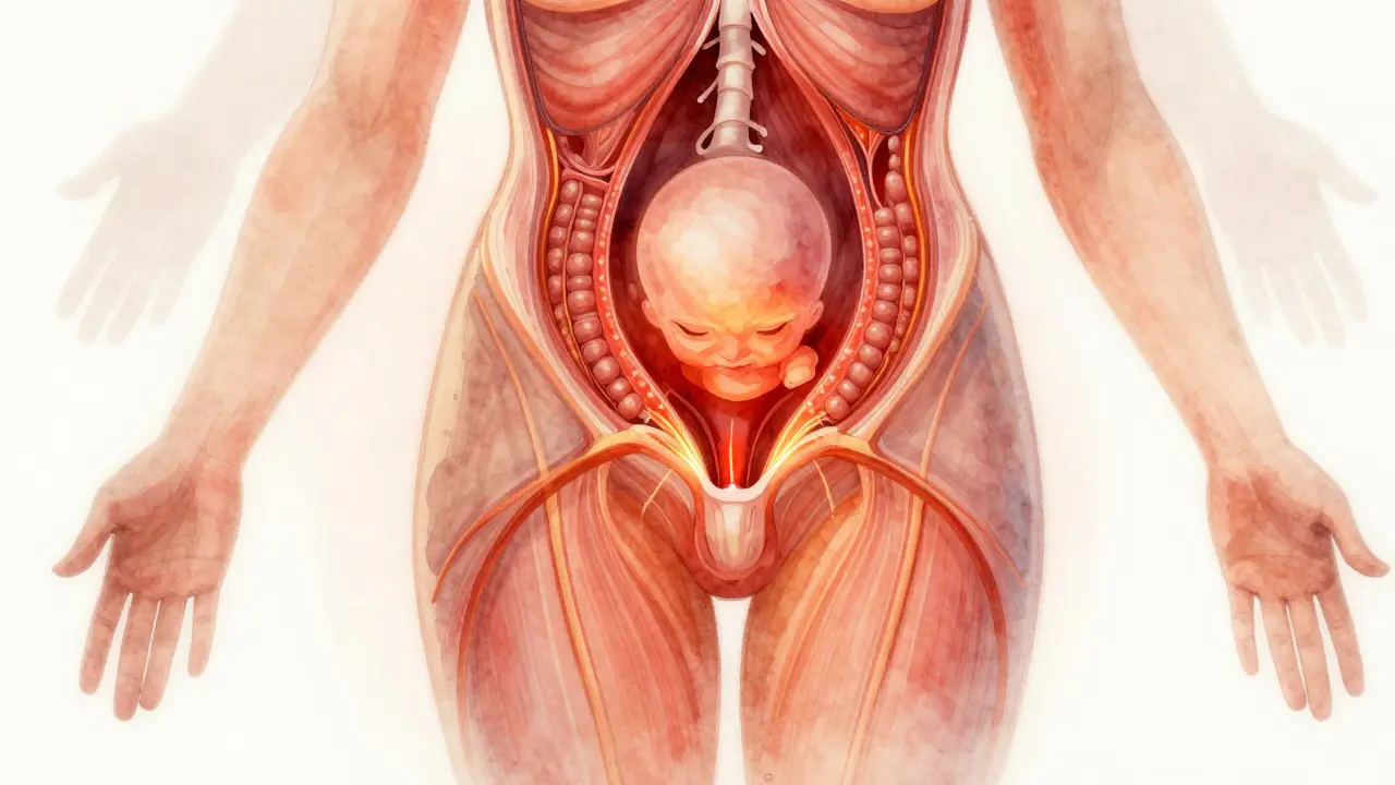 Vnitřní vyobrazení porodního procesu s označením tlaku na děložní čípek a nervy.