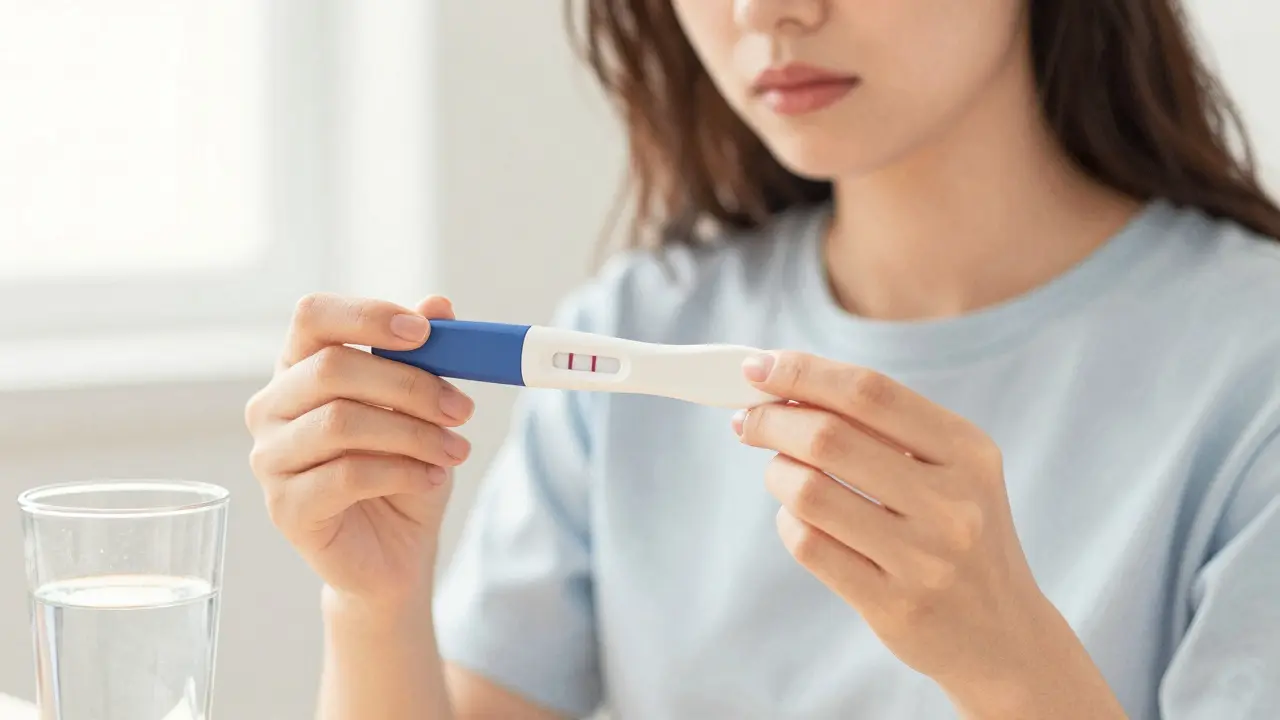 Žena drží těhotenský test a sklenici vody v koupelně