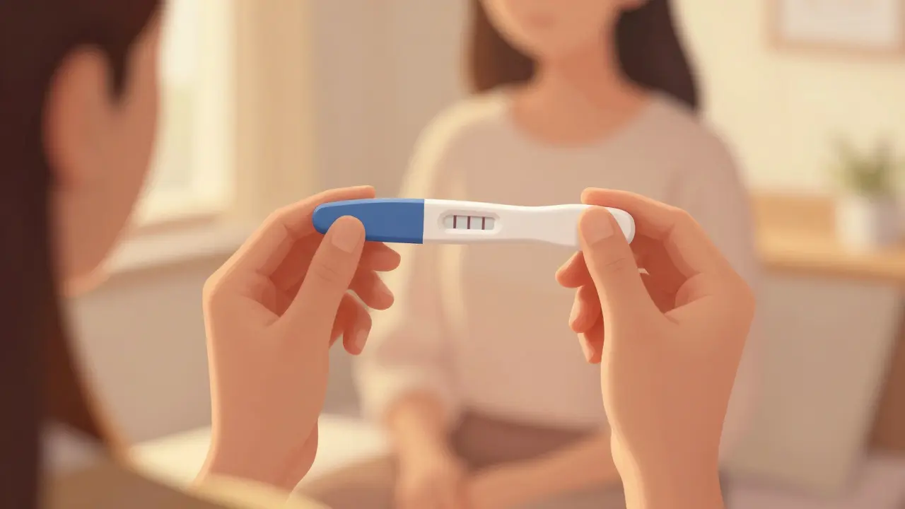 Žena drží těhotenský test s pozitivním výsledkem.
