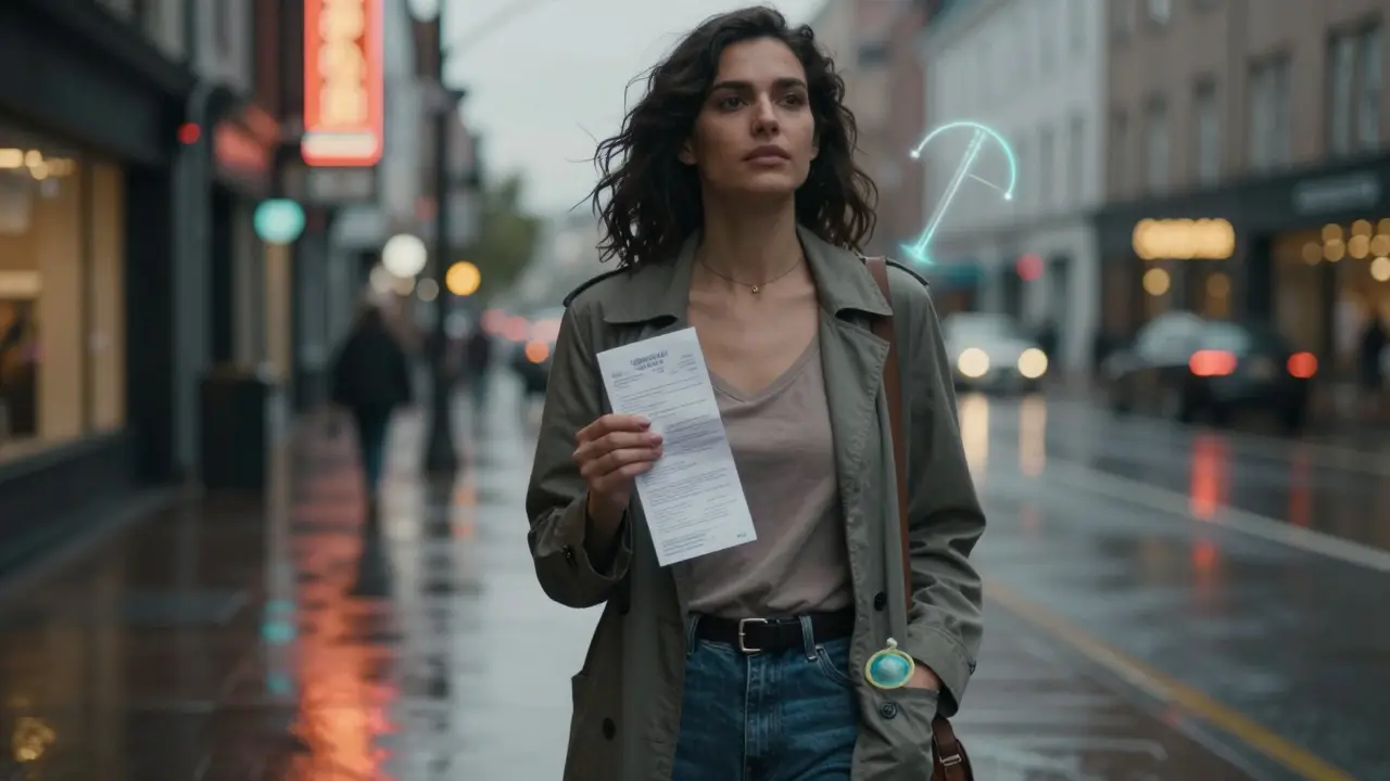 Žena kráčí ulicí ve večerním světle, symbol IUD se objevuje jako subtilní záře za ní.