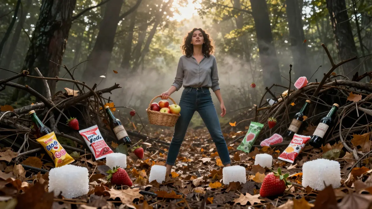 Žena kročí přes cukrové odpadky v lese, drží košík s jablky a jahodami, symbolizující zdravou volbu.