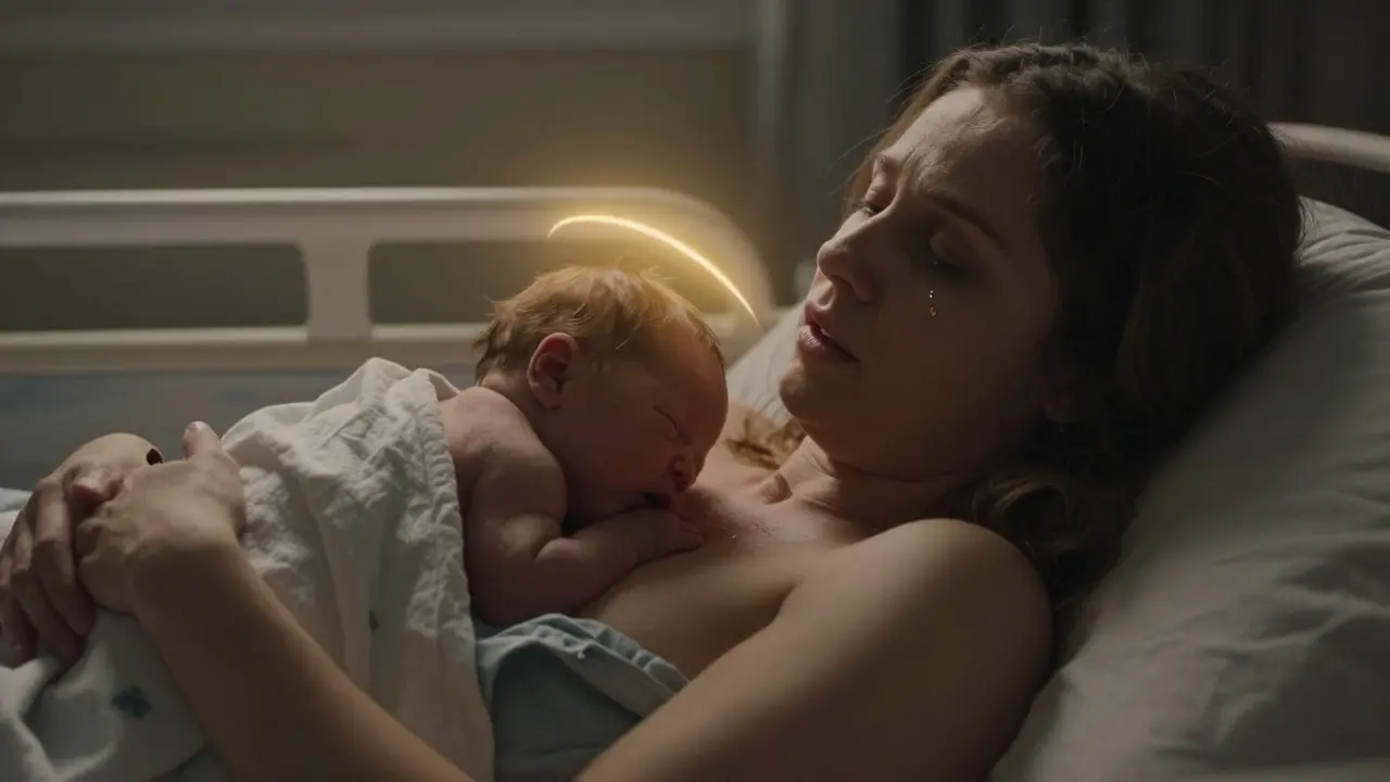 Žena po porodu, drží novorozence na prsou, tvář plná úlevy a klidu.