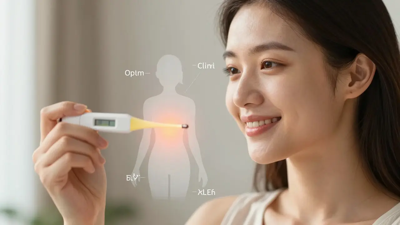 Žena s přehledem o příznacích těla — výtoky, nálada, kůže — zatímco teploměr s konstantní teplotou zaniká v pozadí.