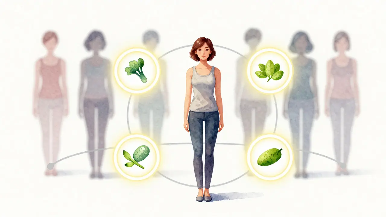 Žena v centru časového kruhu s čtyřmi klíčovými kroky k trvalému řešení kvasinek.