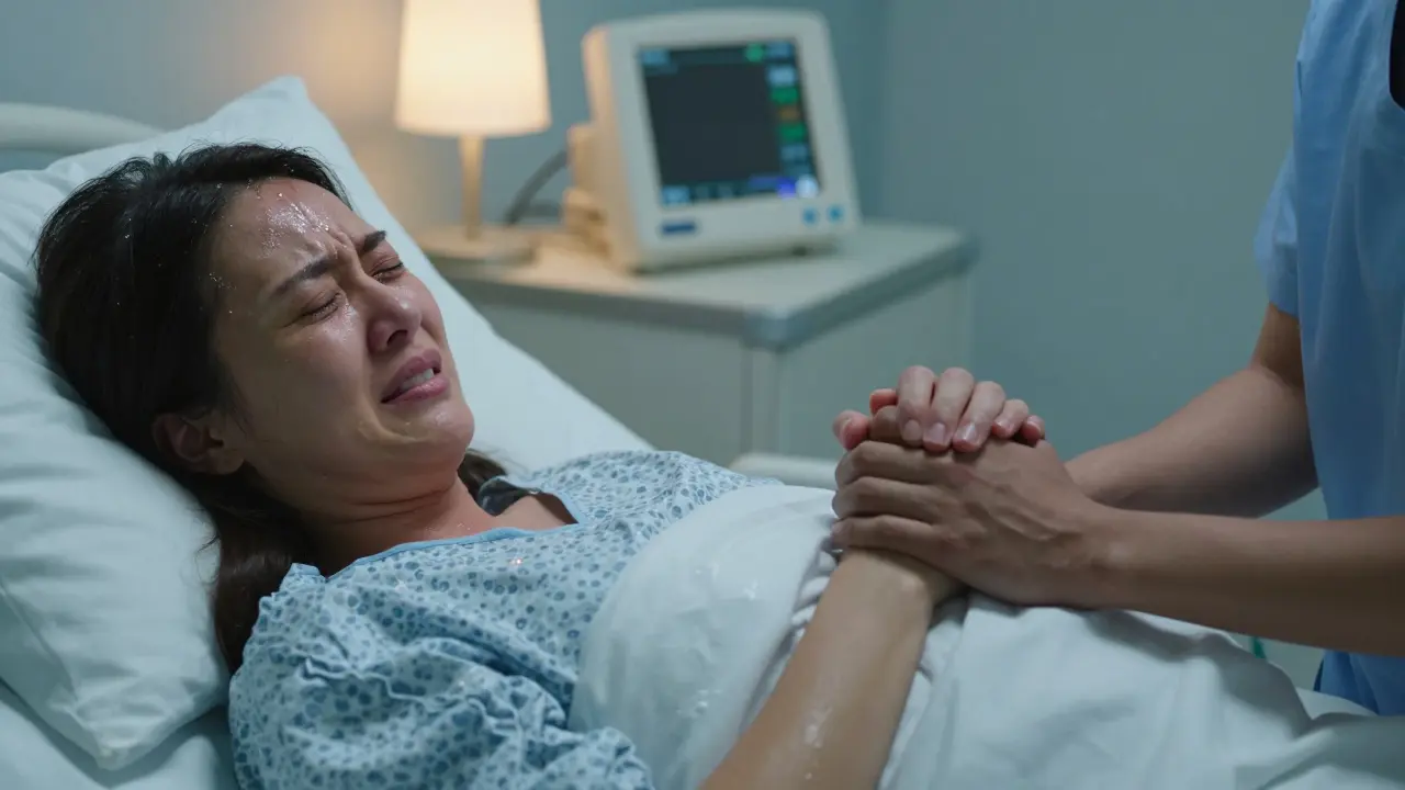 Žena v porodní kleci během kontrakce, partner ji pevně drží za ruku.