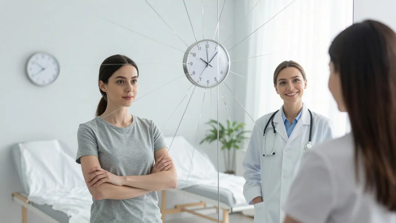 Žena v zrcadle vidí dvě možnosti péče: veřejnou a soukromou, symbolizující volbu mezi rychlostí a kvalitou.