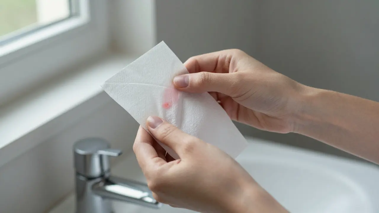 Žena vidí jemné růžové krvácení na toaletním papíru.