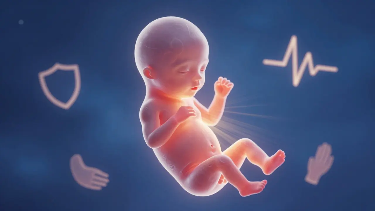 Abstraktní znázornění 13týdenního plodu s viditelným srdcem a nuchální translucencí v mírném zářivém světle.