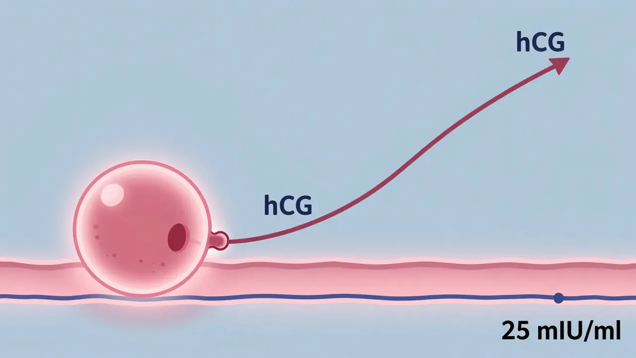 Biologická ilustrace ukazující přichycení vajíčka k děloze a následný růst hormonu hCG.