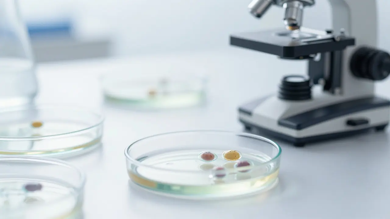 Detail skleněných nádob a mikrobu v biotechnické laboratoři.