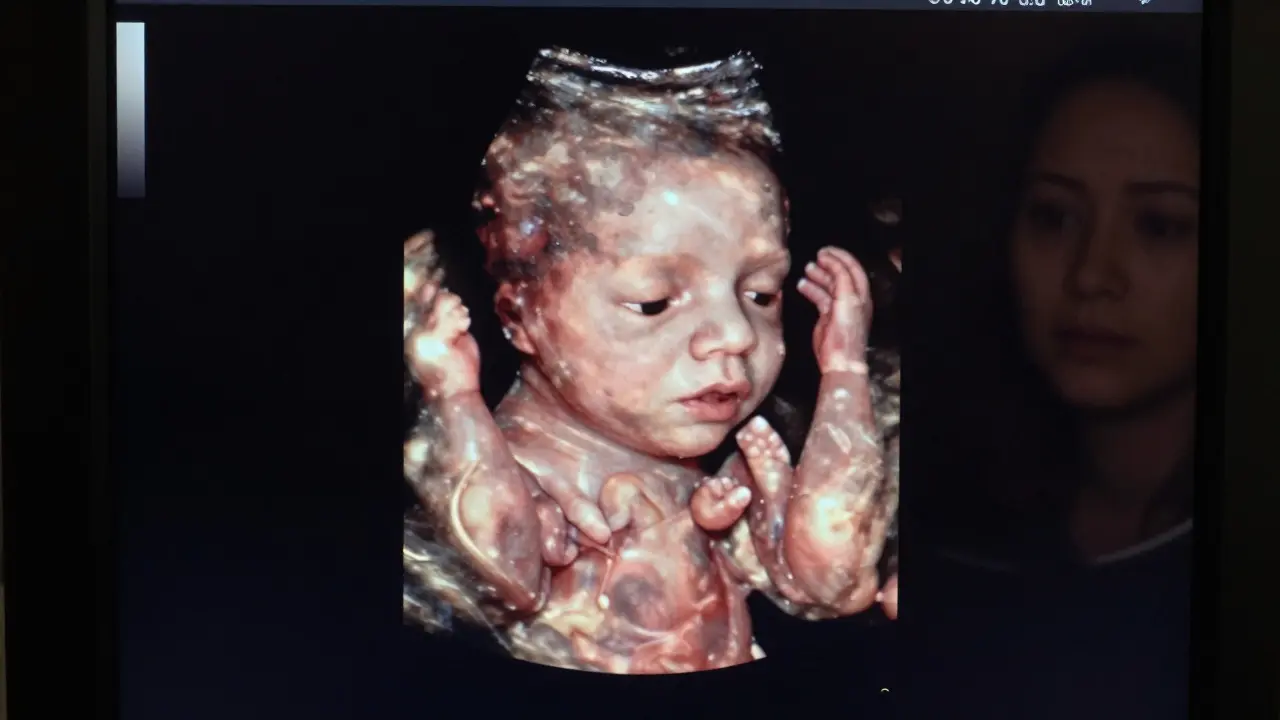 Detailní snímek plodu ve 20. týdnu těhotenství s viditelnými orgány jako srdce, mozek a končetiny.