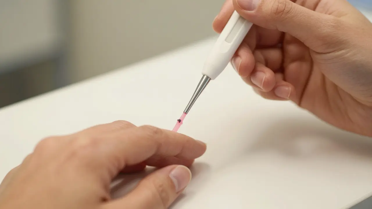 Drobný cytologický štětec sbírá buňky z děložního čípku během Papova testu v klidném prostředí.