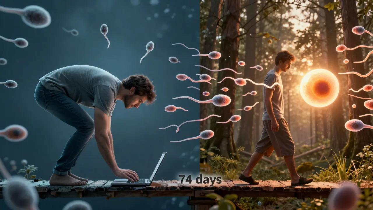 Dvojitá scéna: špatný životní styl vlevo, zdravý vpravo, spojené přes 74 dní.