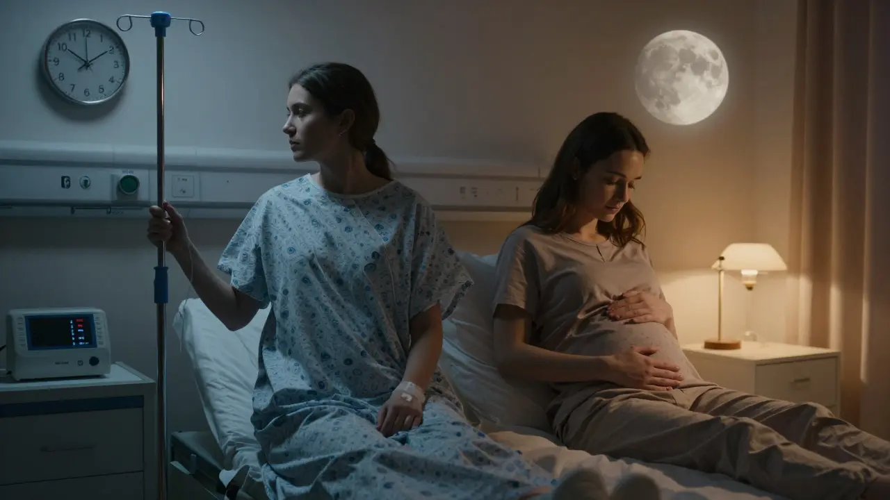 Dvojité expozice: starší matka v nemocnici proti mladší matce v noci – porovnání plánovaného a přirozeného porodu.