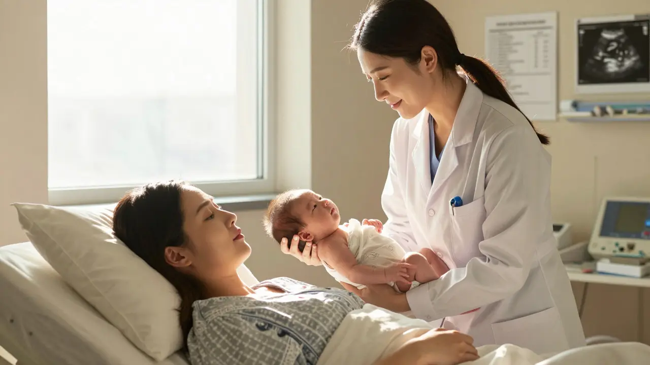 Gynekolog drží novorozence v porodnici, matka se usmívá při slunečném světle.