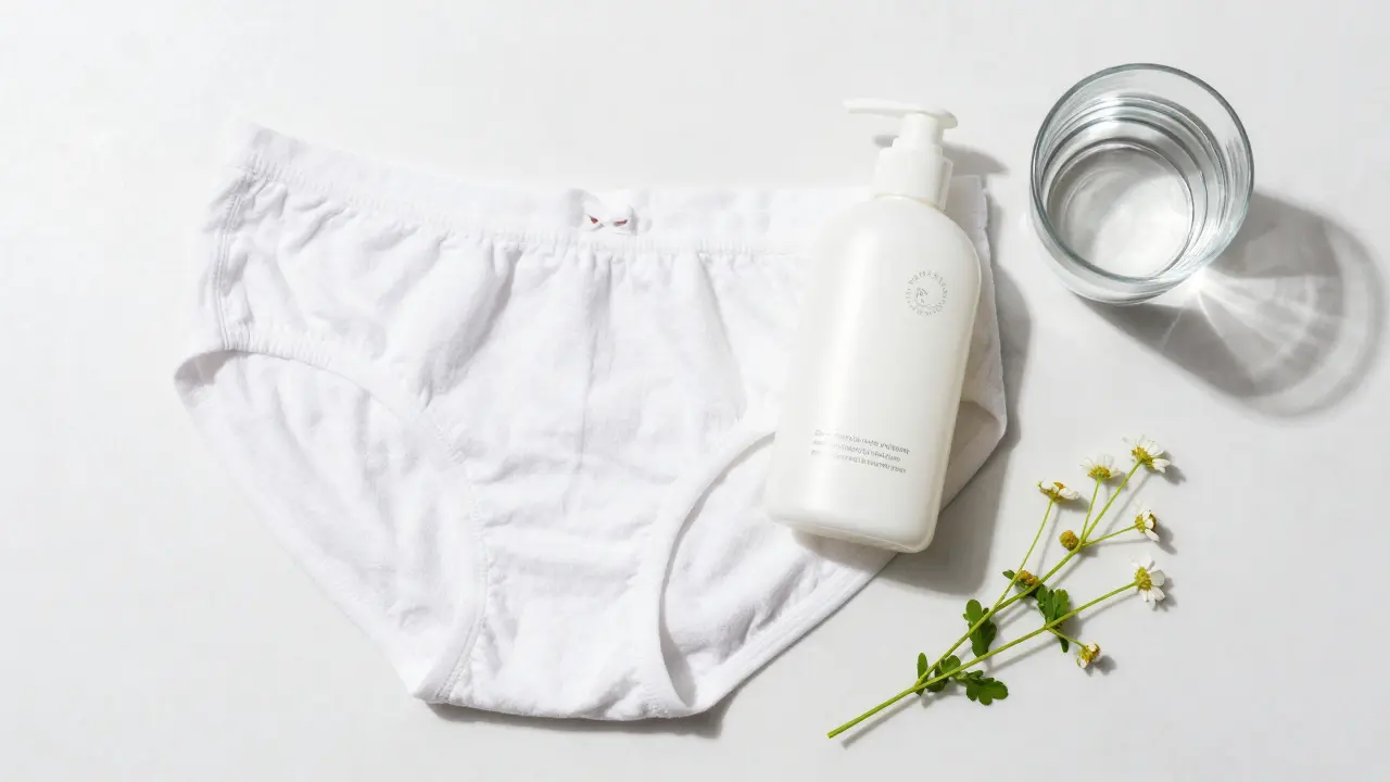 Hygienické potřeby a bavlněné prádlo na čistém povrchu.