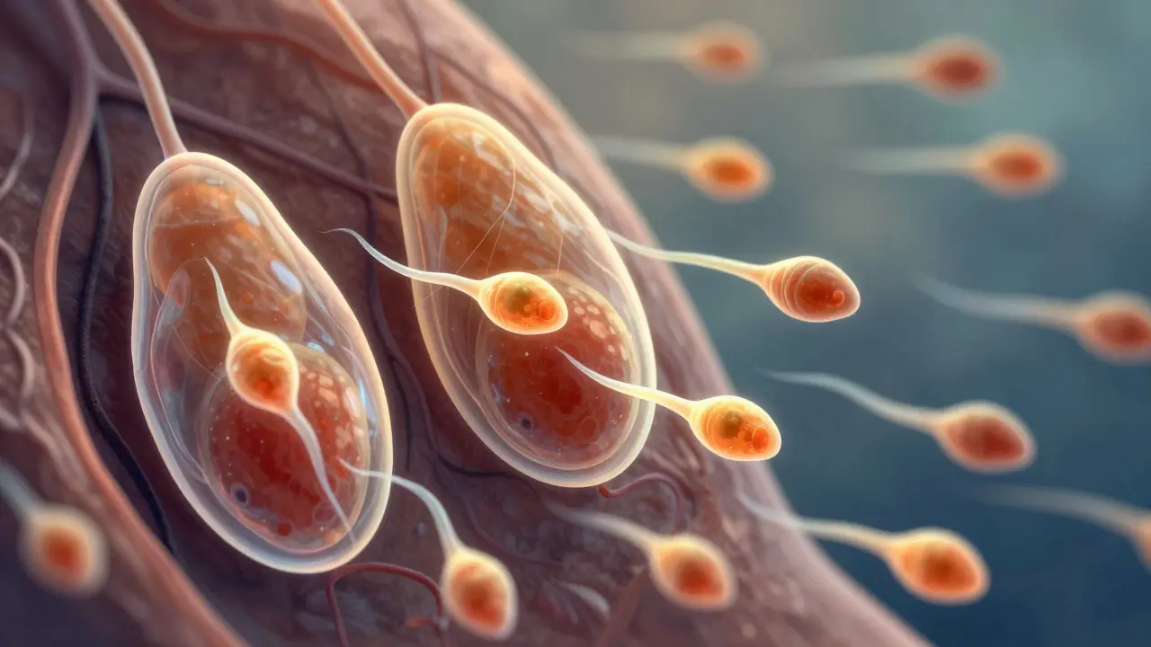 Ilustrace mužských varlat s porovnáním zdravých a nezdravých spermie.