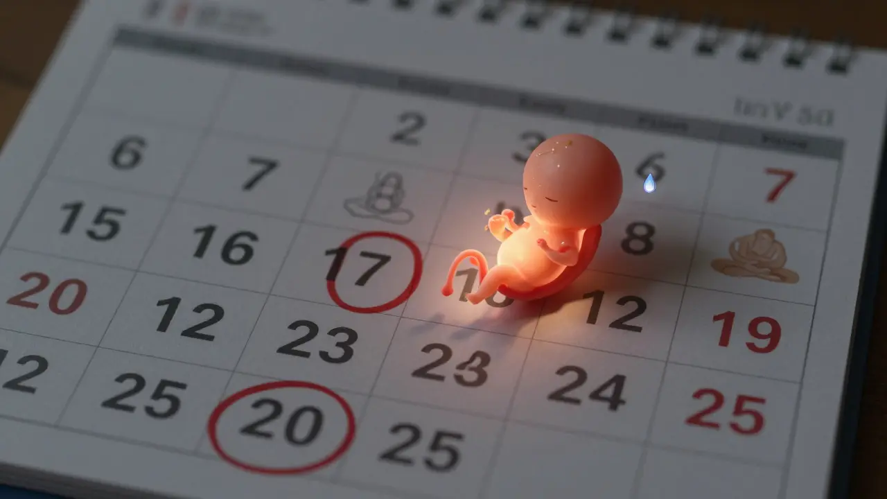 Kalendář s důležitými dny po styku a embryem přichyceným k děloze.