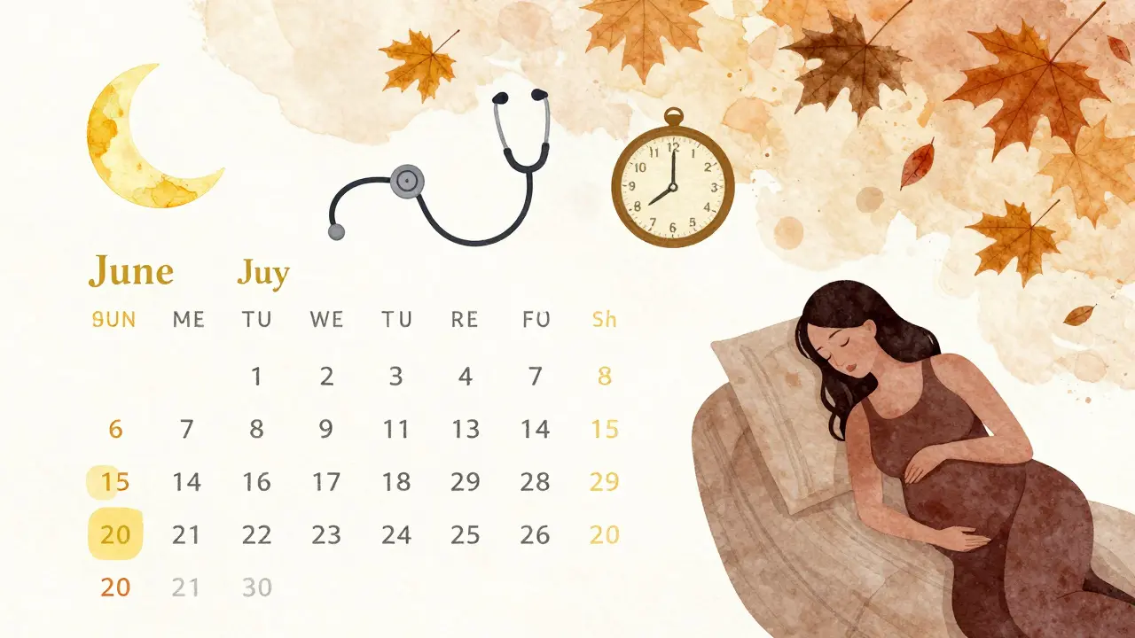 Kalendář s vyznačenými červnem a červencem, symboly porodu a početí v podobě měsíce, hodin a listí, vodní barvy.