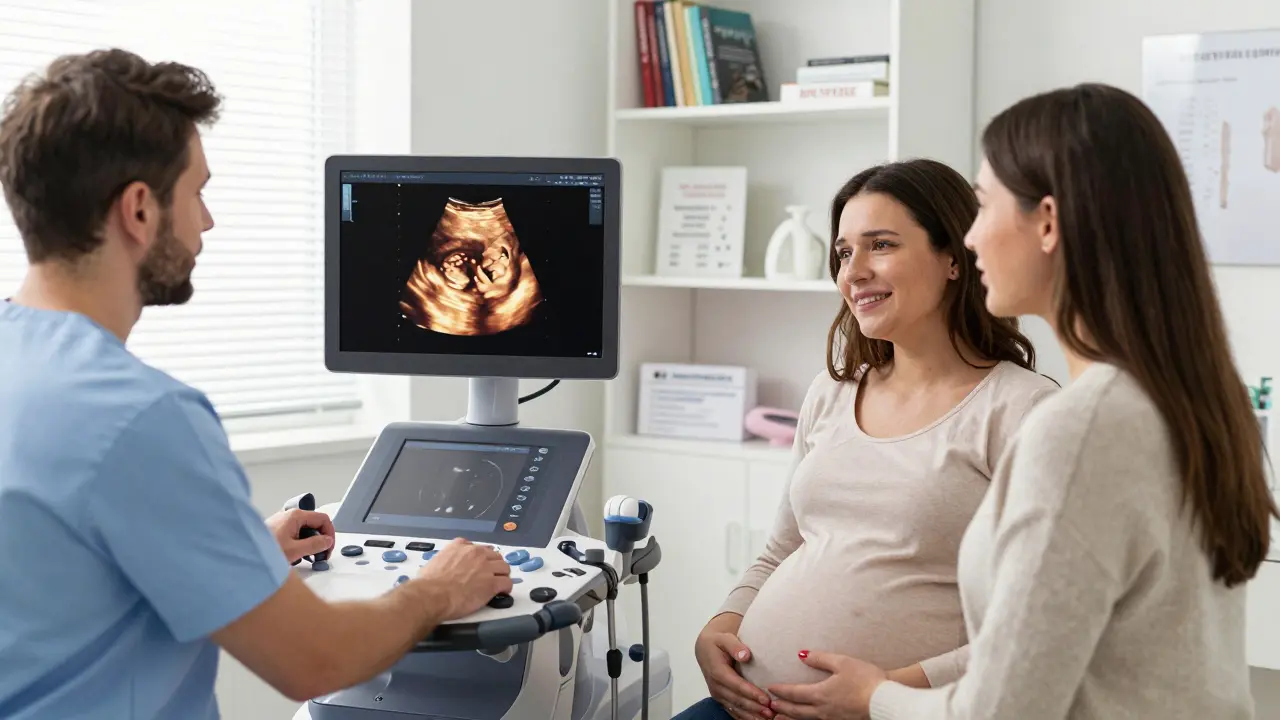 Lékař provádí 13. týdenní ultrazvuk v pražské klinice, matka a otec pozorují obraz plodu na monitoru.
