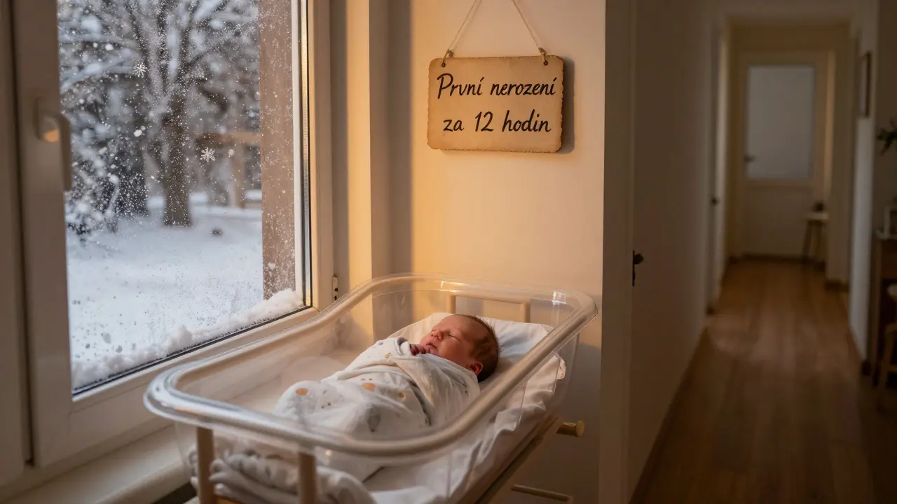 Novorozenecká dívka v kojence u okna s vánocními sněhovými vločkami venku.