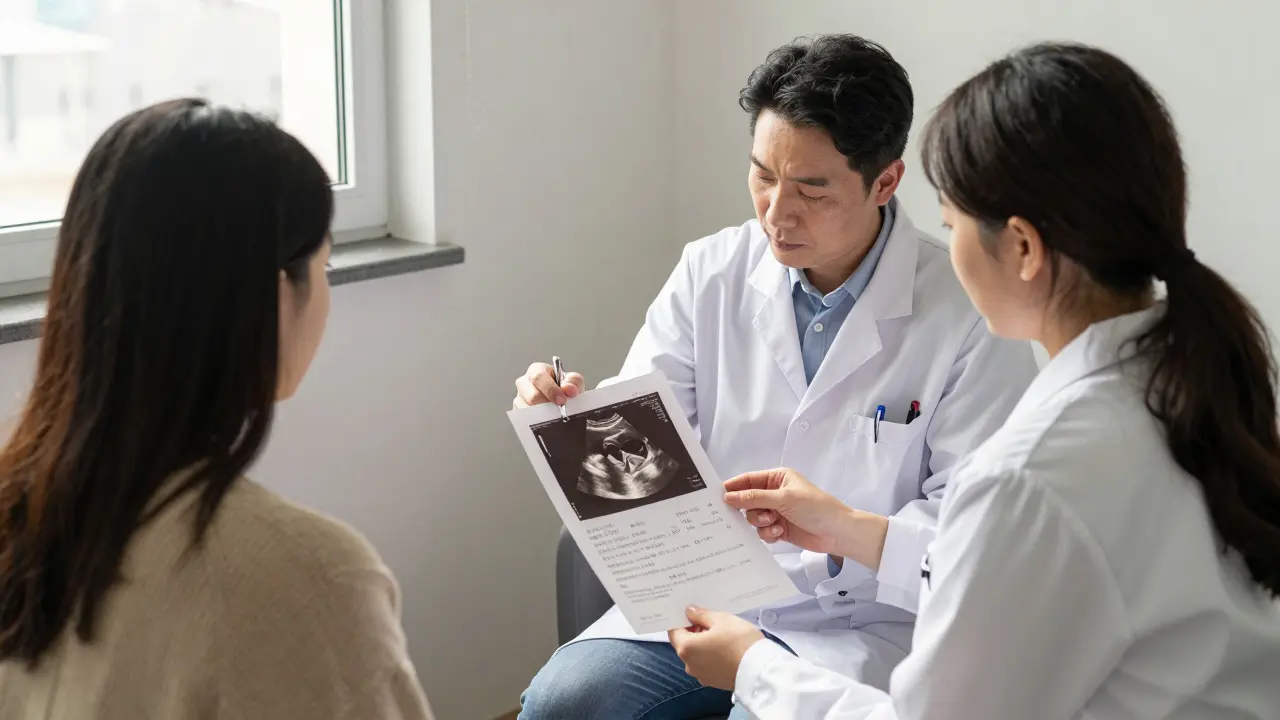Pár konzultuje výsledky ultrazvuku s lékařem pomocí tiskového výstupu v klidné místnosti.