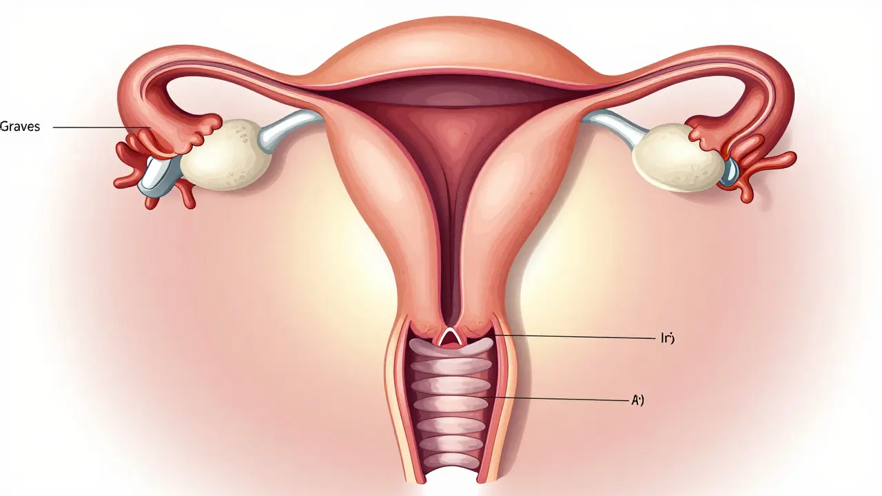 Průřez ženského těla s rozšířeným gynekologickým zrcadlem a viditelnou děložní čípkou.