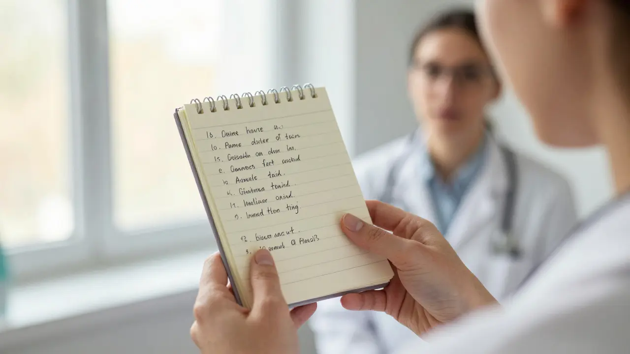 Ruka ženy s poznámkami o příznacích, v pozadí lékař poslouchá.