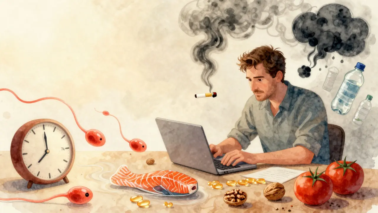 Symbolická scéna s spermie plavoucími skrz potraviny, stínové škodlivé prvky za nimi.