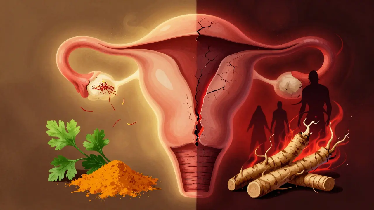 Symbolický obraz těhotné dělohy s bezpečnými kořením na jedné straně a nebezpečnými na druhé.