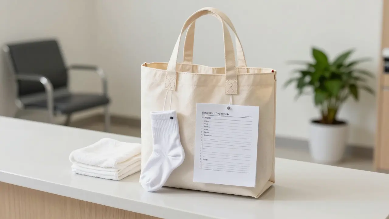 Taška s čistým spodním prádlem, ponožkami, ručníkem a seznamem otázek.