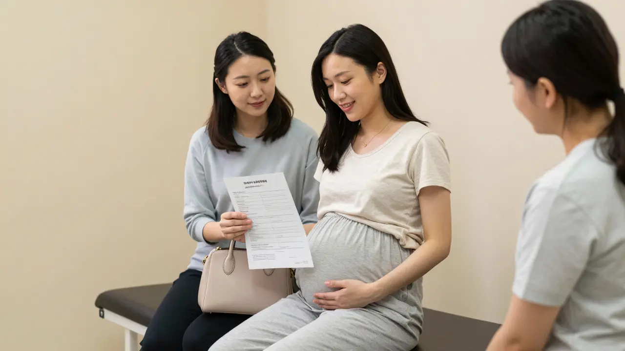 Těhotná žena s průvodcem sedí v ordinaci s prenatalními záznamy.