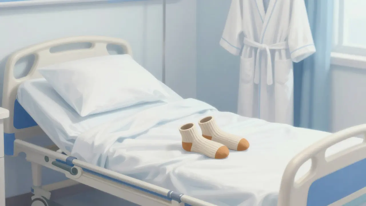 Teplé ponožky na posteli v nemocničním pokoji