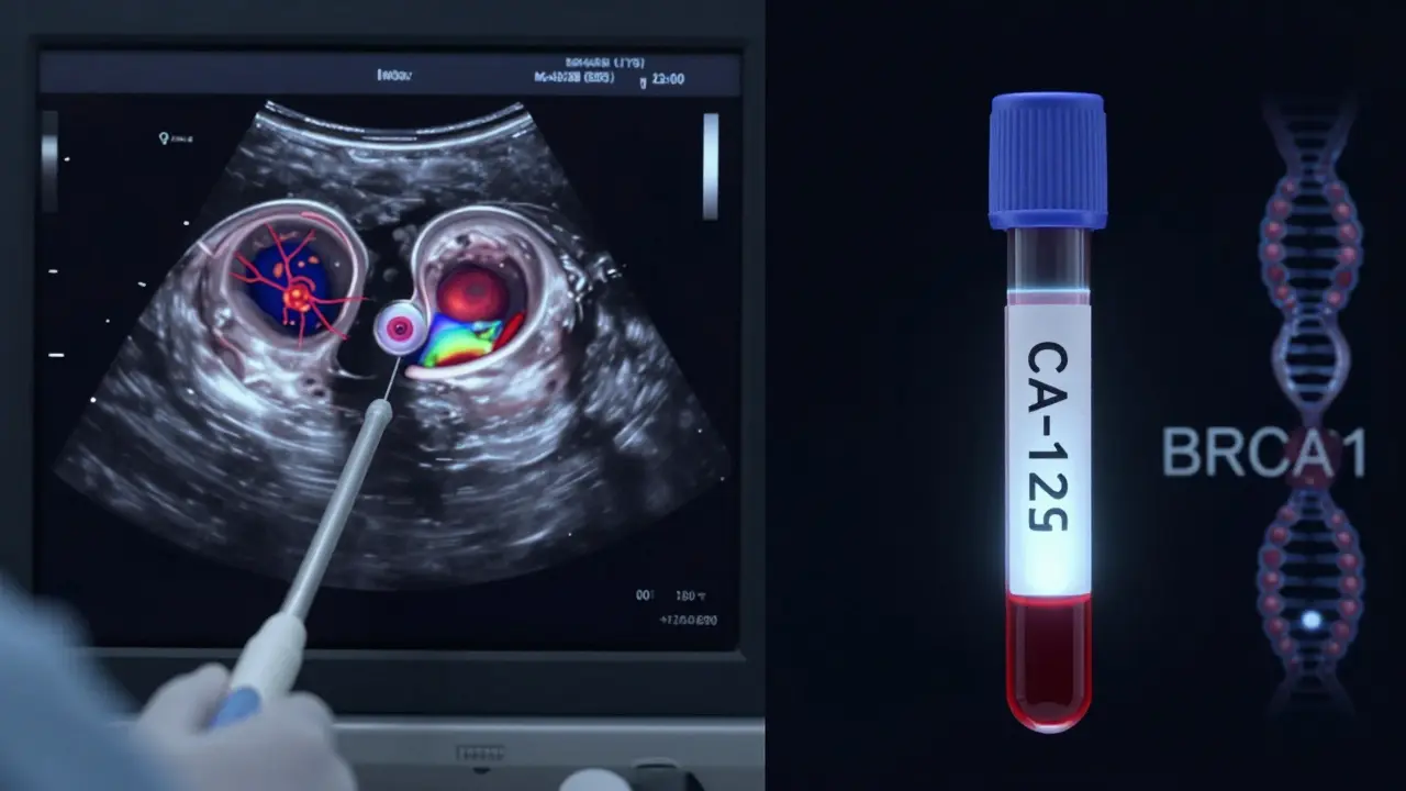 Transvaginální ultrazvuk zobrazuje nepravidelný nádor na vaječníku, vedle něj krevní vzorek s označením CA-125.