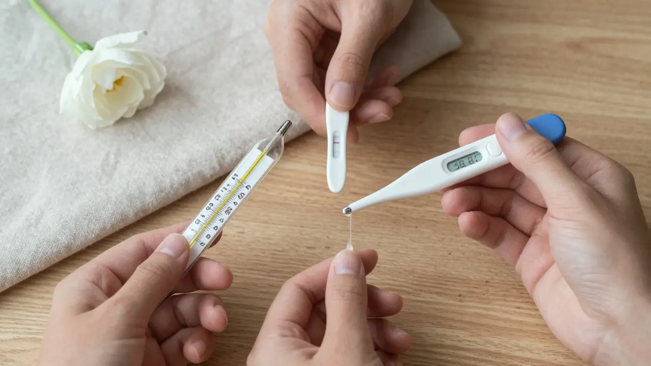 Tři předměty: teploměr, test na ovulaci a hleny – znaky plodnosti.