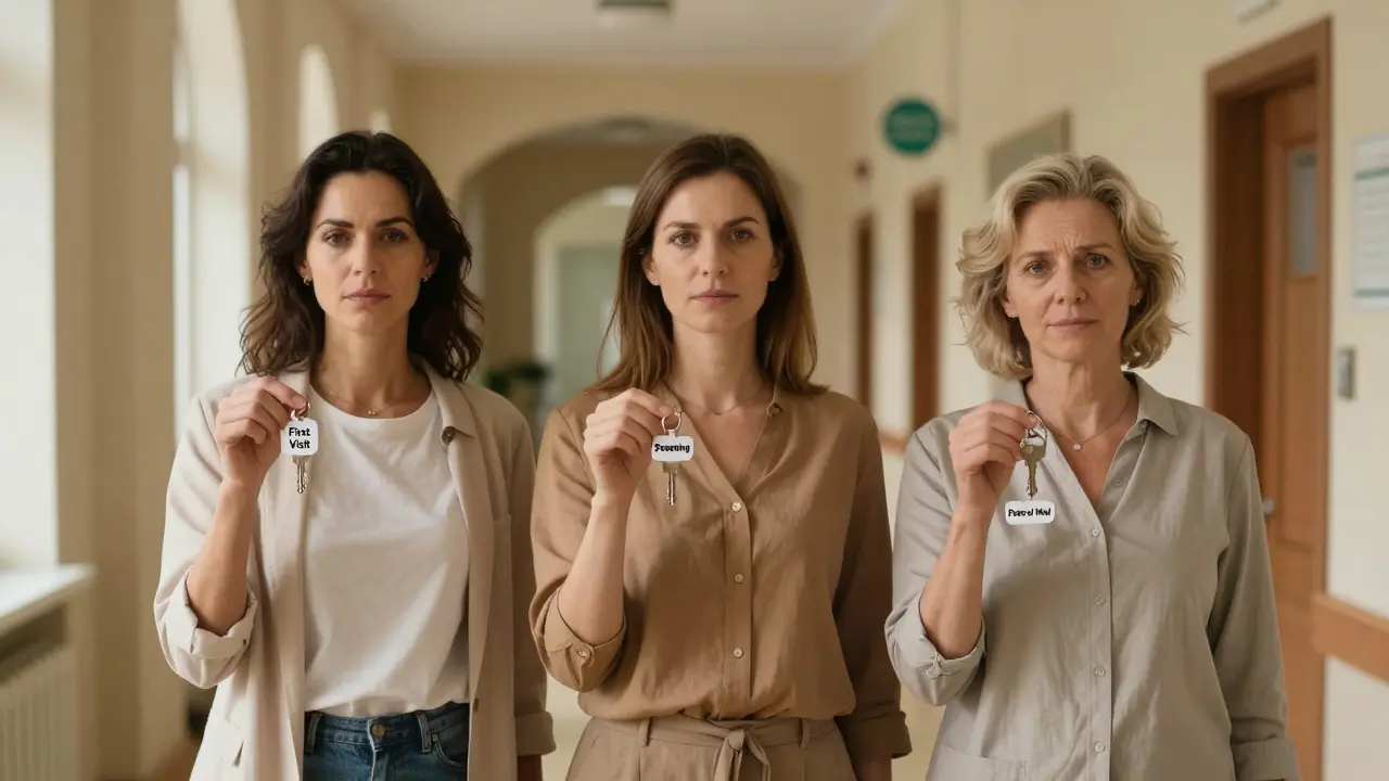 Tři ženy různých věků drží klíče symbolizující první screening a klid.