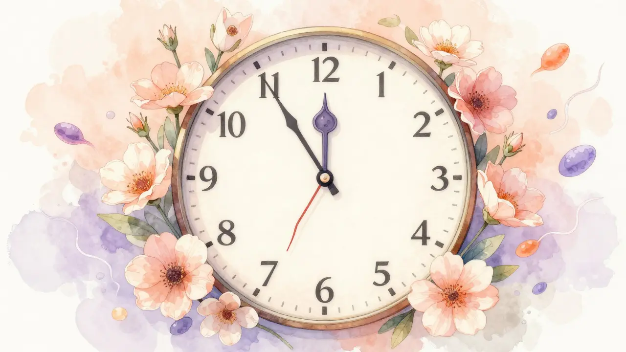 Umělecká ilustrace biologického časového rozvrhu početí s květinami a buňkami.