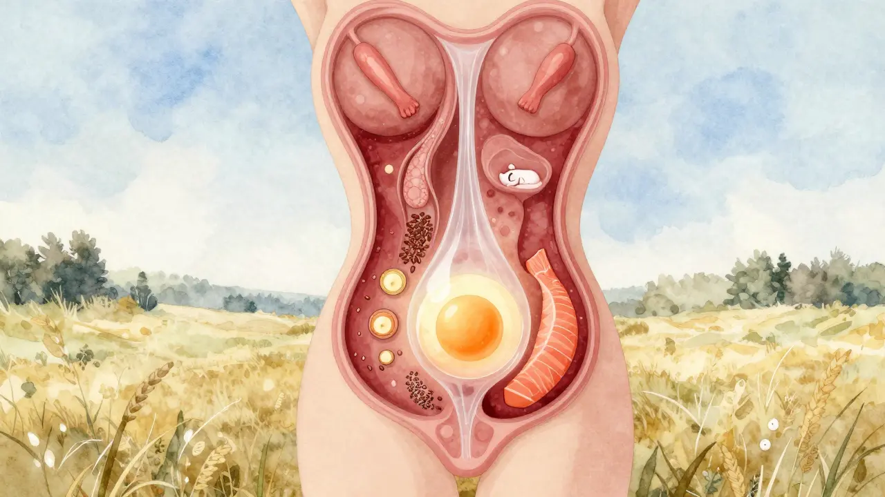 Vnitřní přehled těla ukazující přechod od menstruace k ovulaci s přírodními symboly.