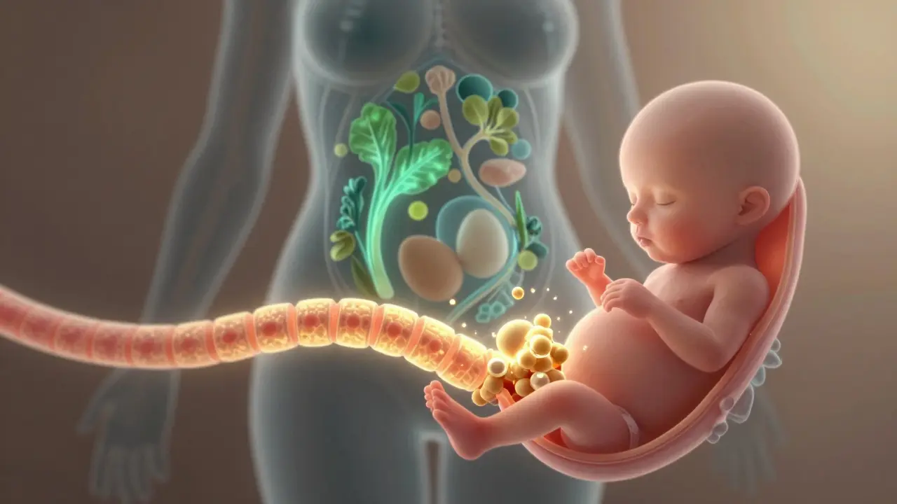 Vývoj embrya s vitamíny F a D, které obklopují uzavírající se nervovou trubici.