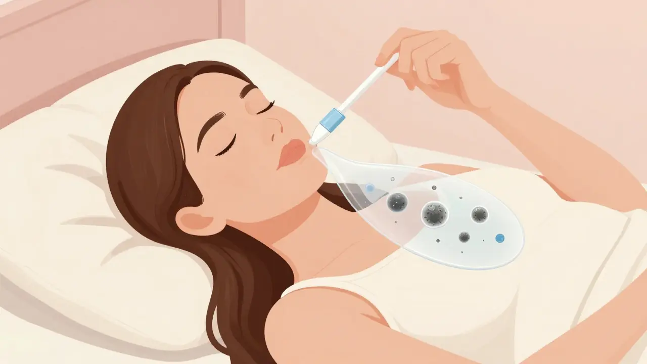 Woman gently applying vaginal cream at home, symbolizing targeted antifungal treatment.