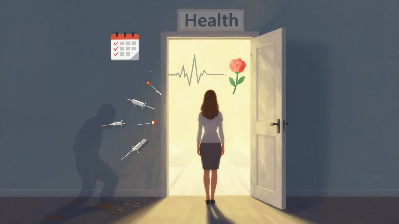 Žena kročí směrem k zářícímu vchodu do zdraví, za ní zanikají strachy, vpředu symboly prevence a péče.