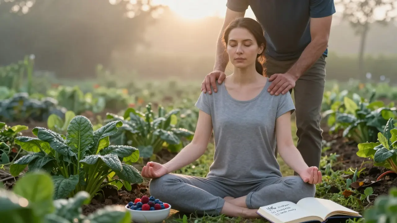 Žena medituje v zahradě ráno, kolem ní zelenina a záznam o zdravém životním stylu.