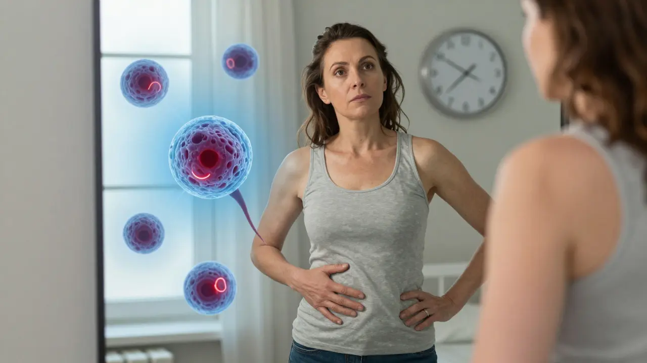 Žena si všimne změny obvodu pasu v zrcadle, za ní symbolicky vystupují nádorové buňky z vaječníku.